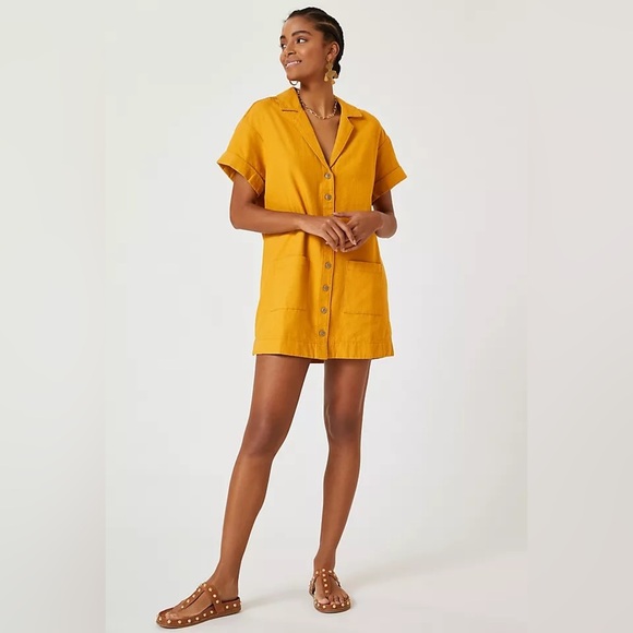 Pilcro linen tshirt dress mustard button down short sleeve collar lapel loose - Picture 10 of 10